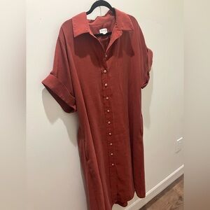 Maison 123 Cuffed Button Midi Shirt Dress in Rust